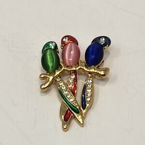 Parrot Bird Trio Moonglow Rhinestone Brooch Pin Blue Red Green Tropical Vintage